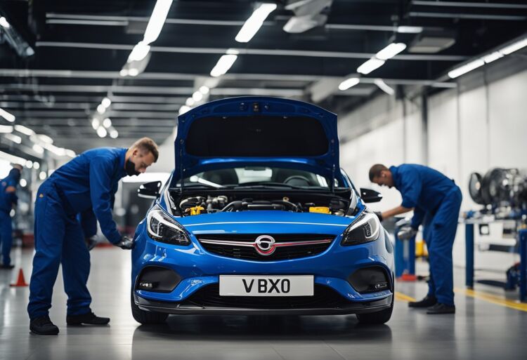 A sleek Corsa VXR parked in front of a modern service center, with a team of mechanics inspecting the engine and performing routine maintenance