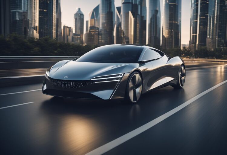 A sleek, modern car with advanced technology, parked in front of a futuristic city skyline