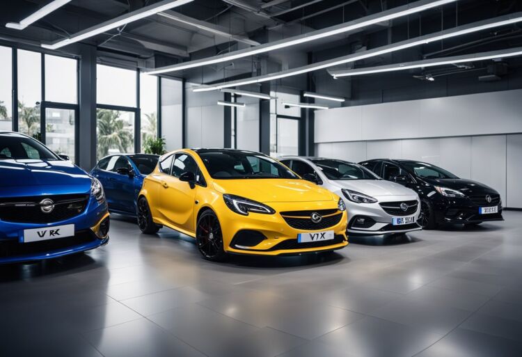 A sleek Corsa VXR parked confidently in a well-lit showroom, surrounded by other high-performance vehicles