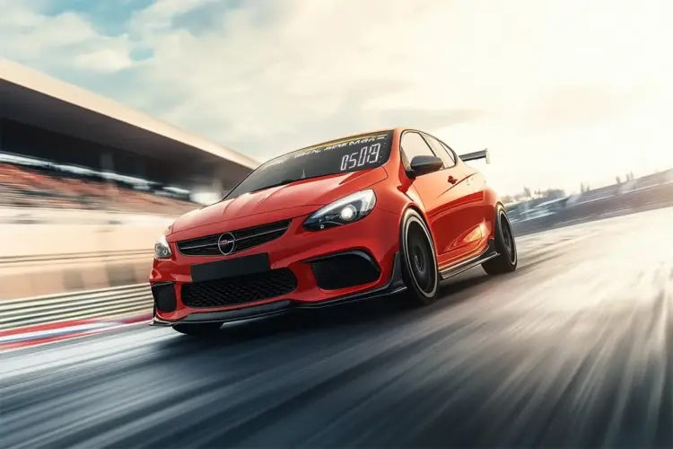 The fastest Vauxhall Corsa model speeding on a track, showcasing its performance and sporty design.