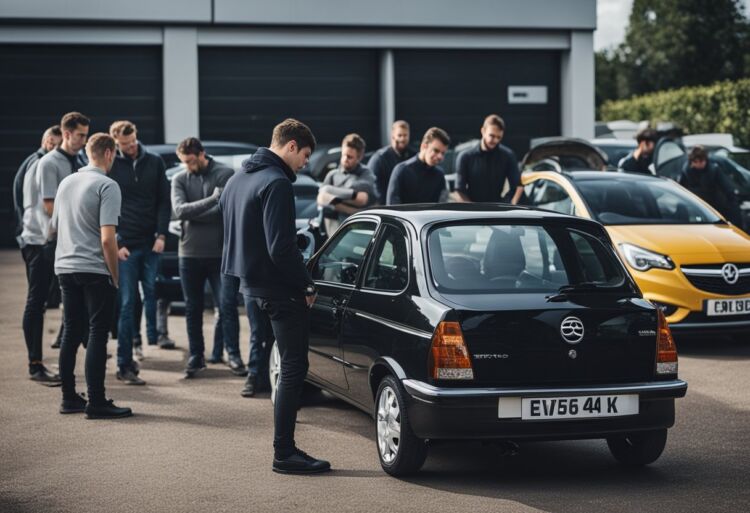 A Vauxhall Corsa surrounded by other cars with mechanics inspecting the engine and body for faults