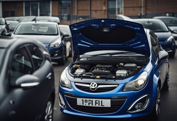 A Vauxhall Corsa with open hood, displaying engine components with visible faults and safety recall notices attached