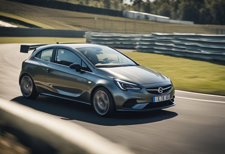 A sleek Corsa model speeds along a winding race track, leaving a trail of dust in its wake