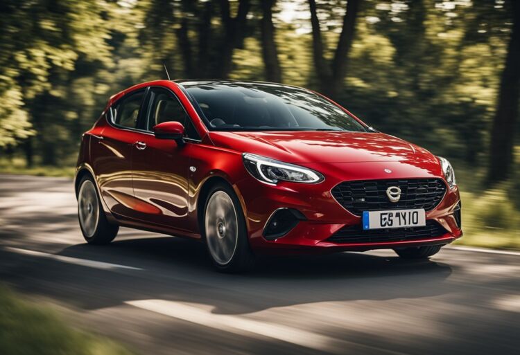 A red Corsa model speeding down a winding road with a sleek and aerodynamic design