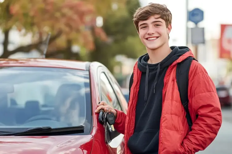 A young driver standing beside their first car, highlighting safe and affordable options for 16-year-olds.