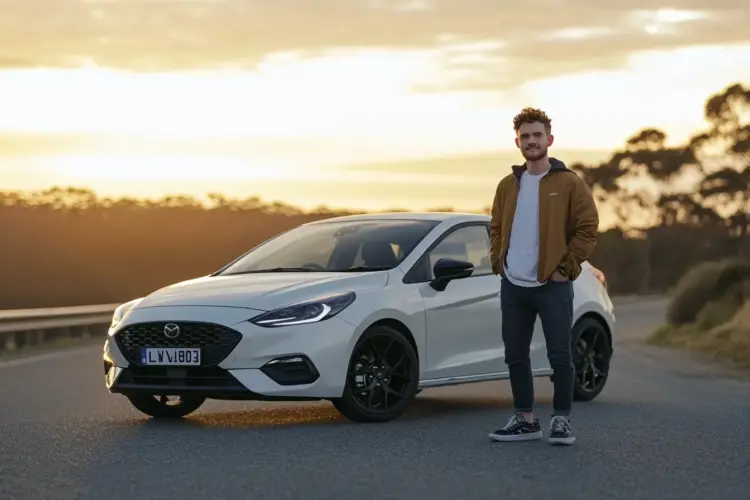 A 20-year-old driver standing beside a stylish and affordable car, ideal for young motorists.