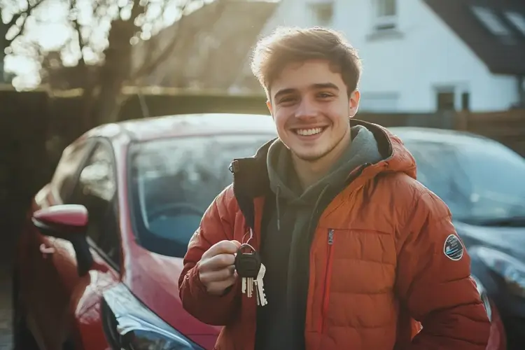 An 18-year-old driver standing beside their first car, highlighting affordable and safe options for young motorists.