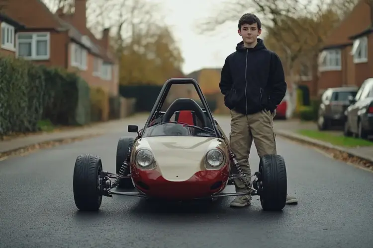 A 16-year-old standing next to a sporty, lightweight car, highlighting the fastest legal options available.