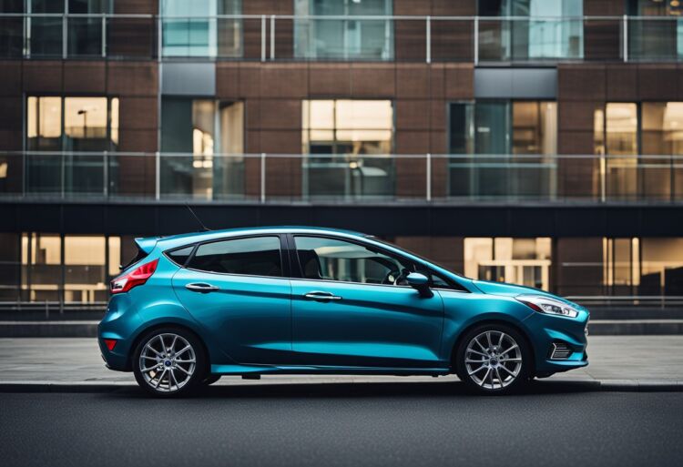 A Ford Fiesta parked in a modern urban setting, with focus on its sleek exterior and advanced technology features