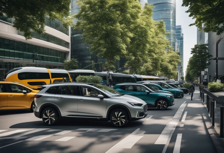 A bustling city street with a variety of electric and hybrid vehicles, including cars, buses, and bicycles, navigating the roads amidst modern architecture and greenery