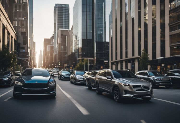 A bustling city street with various car models, including compact cars, sedans, and SUVs, driving on the road and parked along the curb