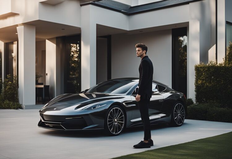 A sleek, sporty car parked in front of a modern house, with a young adult standing nearby, admiring it