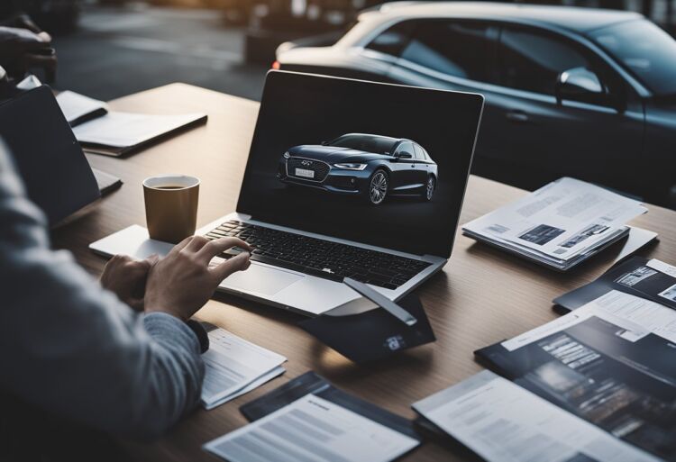 A young person researching car options and financing, surrounded by car brochures, a laptop, and a notebook