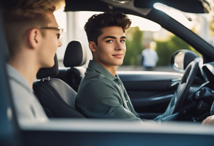 An 18-year-old behind the wheel of a compact, reliable car, with safety features and a modern design, parked in a suburban driveway