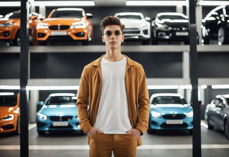 A 20-year-old standing in front of a lineup of different car models, comparing their features and designs