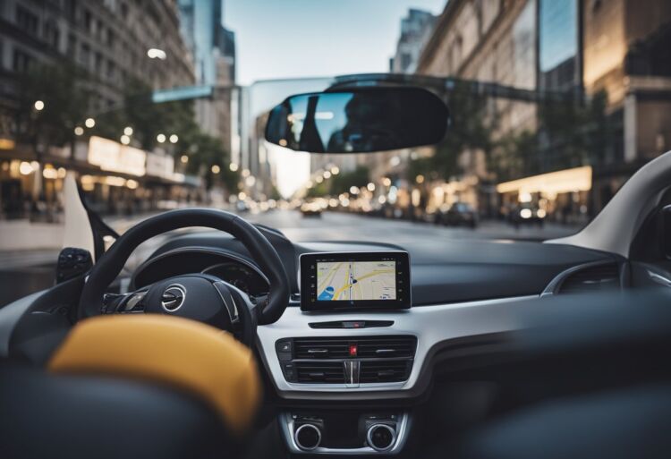 A 20-year-old driving a compact car through a busy city, with a backpack and sports equipment in the backseat, and a map on the dashboard