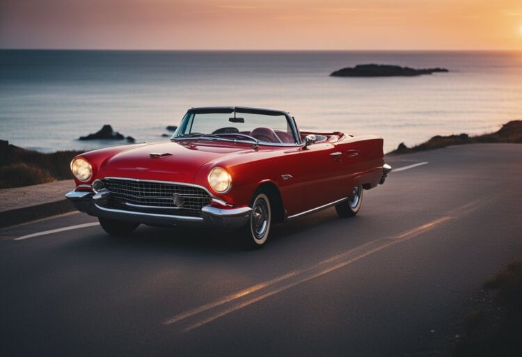 A red convertible parked on a coastal road at sunset