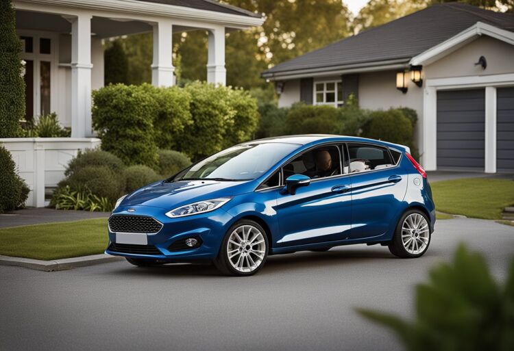 A Ford Fiesta parked in a suburban driveway, with a "For Sale" sign in the window. A young family walks by, looking at the car with interest