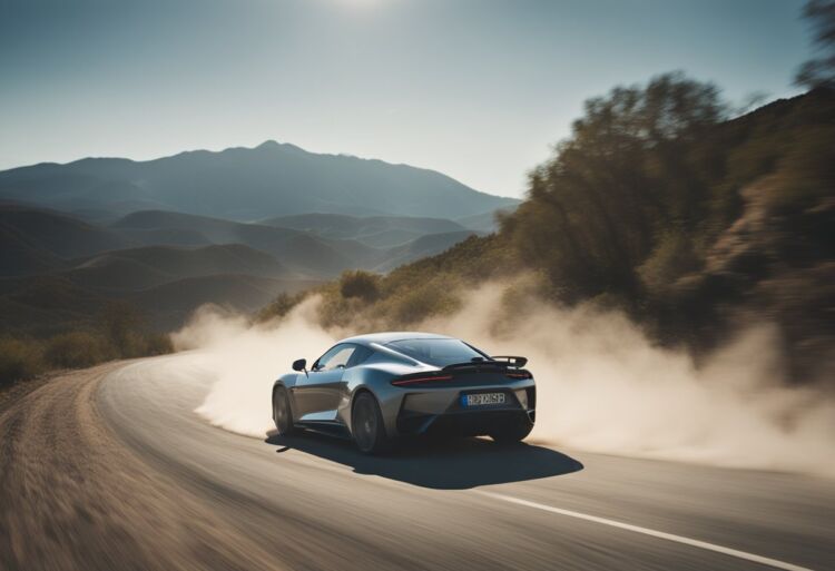 A sleek, high-performance sports car speeds down a deserted road, leaving a trail of dust and exhaust in its wake