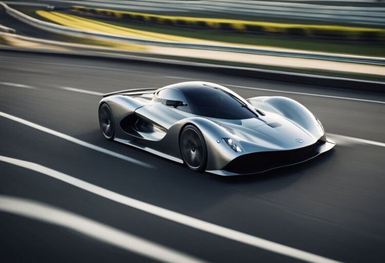 A sleek, futuristic car zooms along a winding race track, leaving a blur of speed in its wake. The sleek lines and aerodynamic design showcase its status as the fastest car of its time