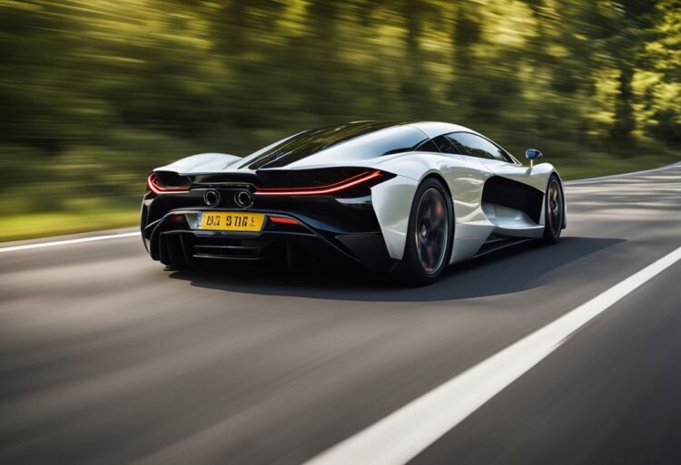 A sleek hypercar speeds down a straight road, leaving a blur of motion in its wake. The futuristic vehicle exudes power and speed as it races ahead