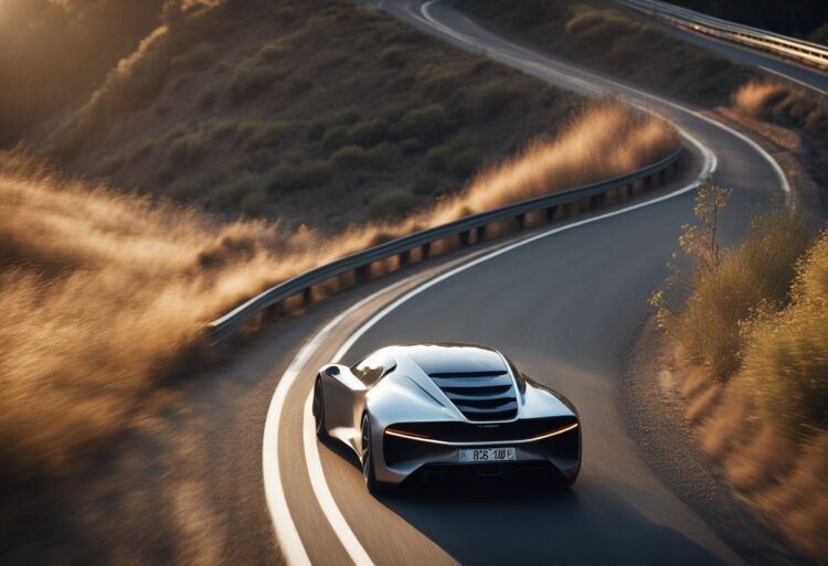 A sleek, futuristic car zooms down a winding road, leaving a trail of dust in its wake
