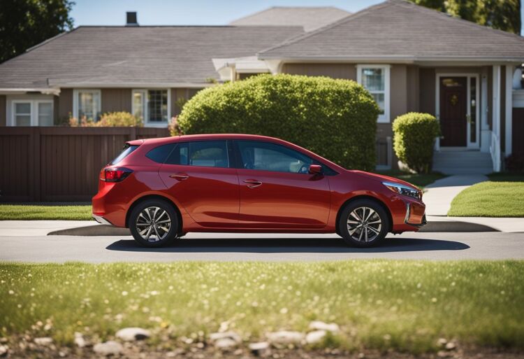A compact car parked in a driveway, surrounded by a suburban neighborhood. The car is bright red and has a "Student Driver" sticker on the bumper