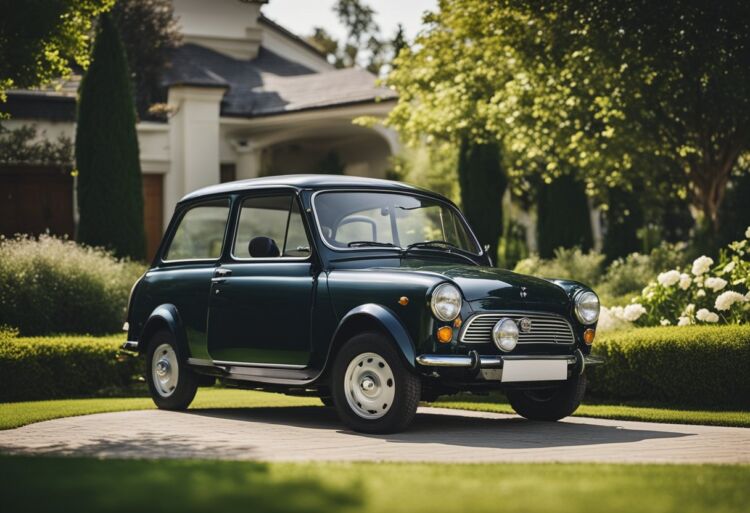 A small, reliable car parked in a suburban driveway, surrounded by a neatly trimmed lawn and a well-maintained garden