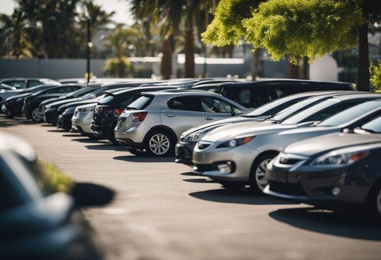 A row of compact cars parked in a well-lit lot, with a sign displaying "Affordable Premiums for 16-Year-Olds" in the background