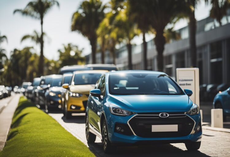 A compact car parked next to a row of insurance provider signs displaying various rates for teenage drivers