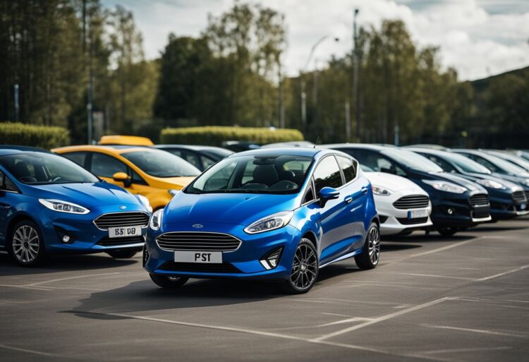 A Ford Fiesta parked next to various other car models, with a person comparing features and prices