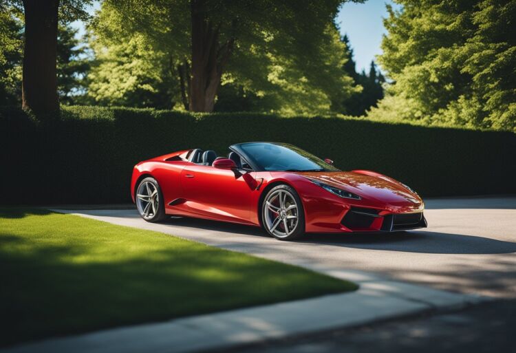 A shiny red sports car parked in a suburban driveway, surrounded by green trees and a clear blue sky