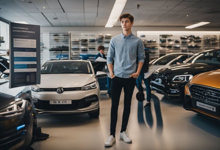 A 16-year-old stands in front of a variety of car models, surrounded by insurance brochures and paperwork, trying to decide on the best option for their new driver
