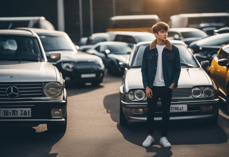 A 16 year old standing in front of a variety of car types and models, considering which one is the best choice for them