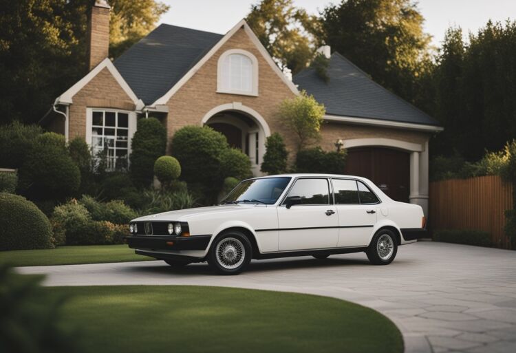 A reliable and low maintenance car parked in a suburban driveway, surrounded by a tidy garage and well-kept landscaping