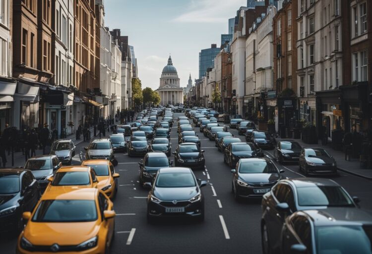 A bustling city street with a variety of cars, but a majority of them are small, compact vehicles commonly seen on UK roads