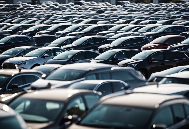 A bustling car dealership with rows of various vehicles, with a prominent display of the most common car in the UK in the foreground