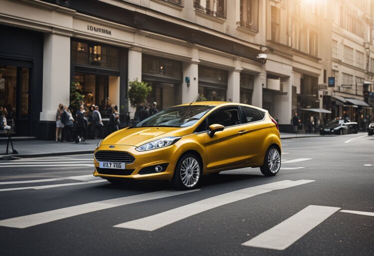A Ford Fiesta parked in a bustling city street, surrounded by other cars and pedestrians. The bright sunlight reflects off its sleek exterior, drawing attention to its compact size and modern design