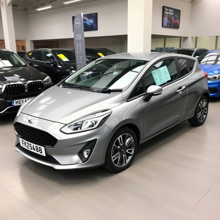 A sleek, modern Ford Fiesta parked in a UK dealership with a price tag visible, showcasing the used car market's variety and options.