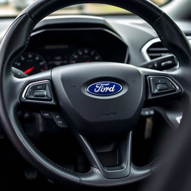 A detailed close-up of a Ford Fiesta's dashboard and steering wheel, highlighting the vehicle's features and the concept of insurance and protection.