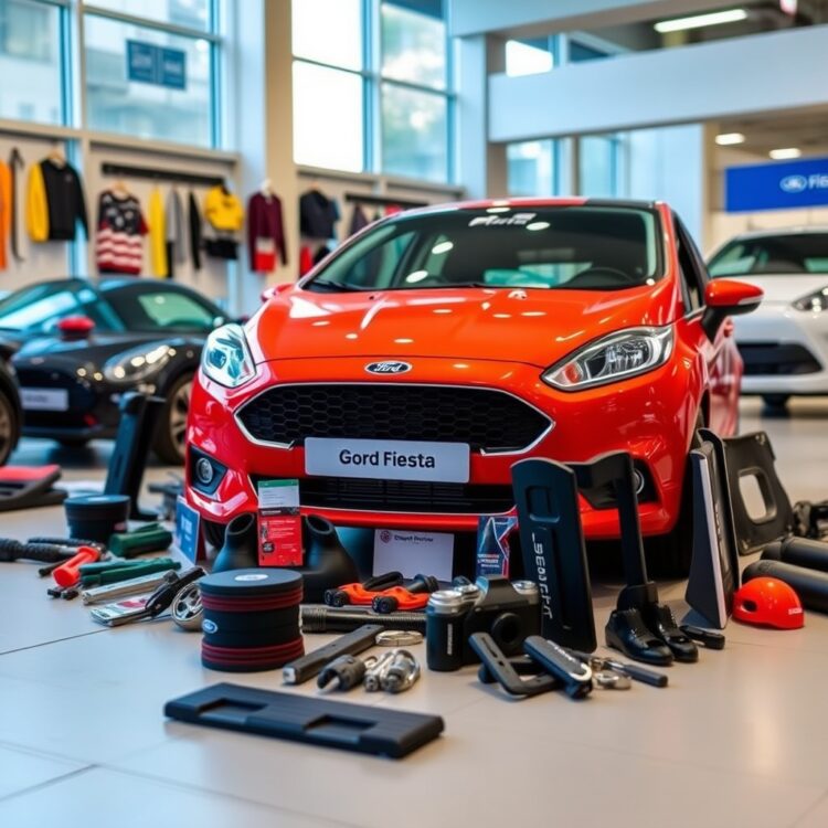 A vibrant display of Ford Fiesta accessories and customization options laid out in a showroom, emphasizing personalization and style.